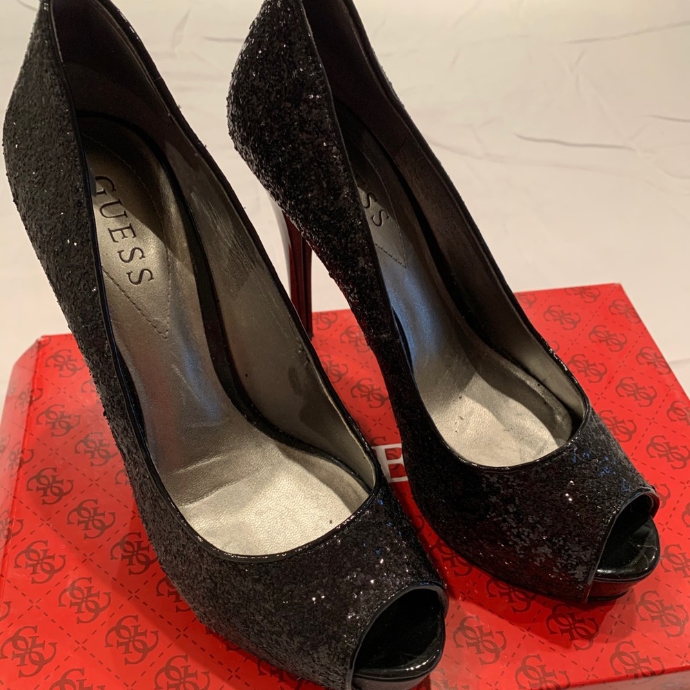 Black Sparkly Guess peep toe high heels
